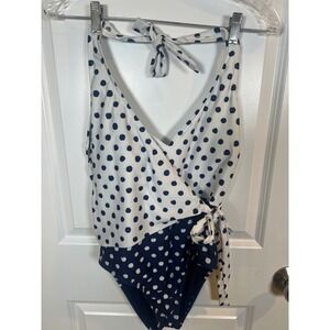 Freshwater Womens OnePiece Swimsuit Polka Dot Halter Faux Wrap Navy White Size M
